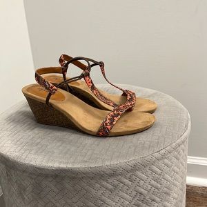 STYLE & Co Orange Floral Print with Double Brown Corded Strap Low Wedge Shoes